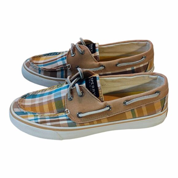 Sperry Top Sider Bahama Boat Shoe Womens Size 7 Brown Camel Plaid Canvas Slip On - Picture 6 of 14